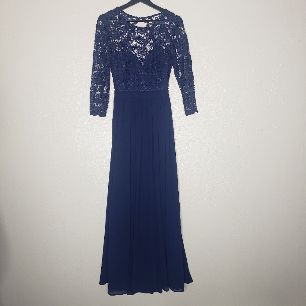 Lulus Lace Navy Blue Tied Back 3/4 Sleeve Chiffon Gown Dress